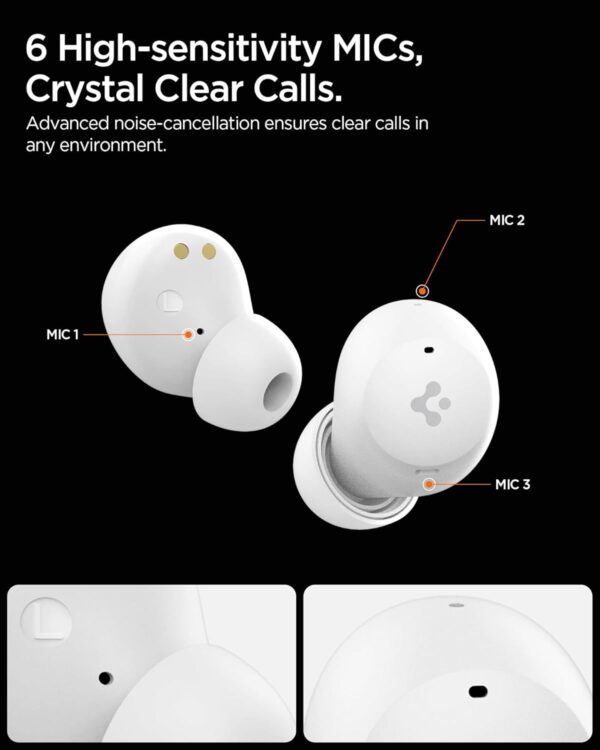 Spigen SA-TW P10 True Wireless Earbuds: 30H Playtime, 40dB ANC, 10mm Driver, Gaming Mode, IPX4 (White) - Image 6