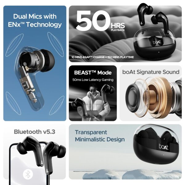boAt Airdopes 311 Pro TWS Earbuds, 50H Playtime, Dual Mics, Low Latency, ASAP Charge, IPX4 (Black) - Image 3