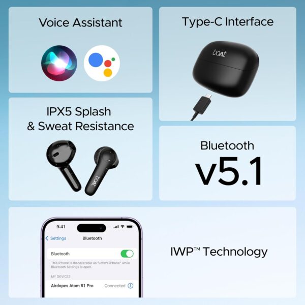boAt Airdopes Atom 81 Pro - 100Hrs Battery, ENx Tech, Low Latency, IPX5, TWS Earbuds (Obsidian Noir) - Image 6